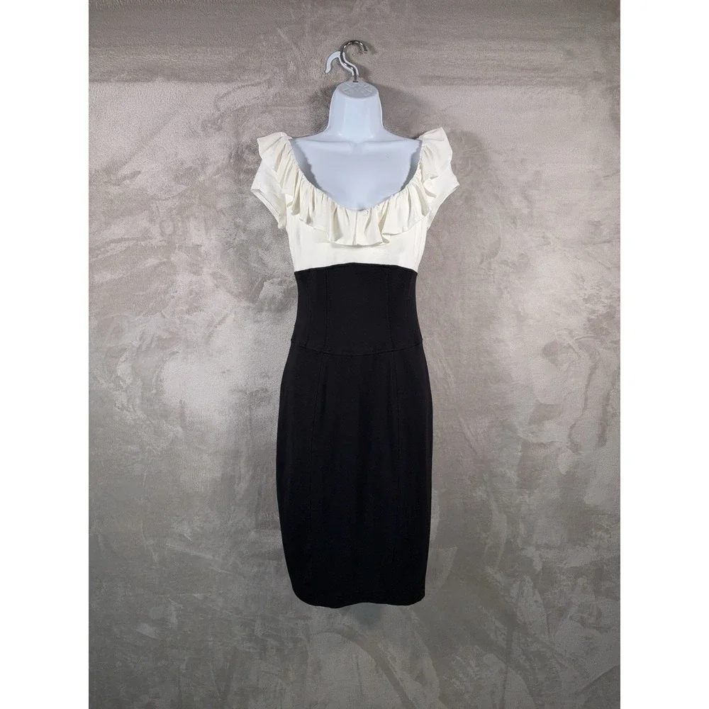 CACHE Dress Womens Size 6 White Black Colorblock‎ Ruffle Sheath Cocktail